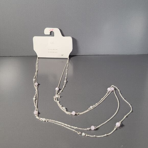 Lauren Conrad Silver Tone Pink & Cream Beaded Layered Necklace 32" +3" Extender - Picture 3 of 12